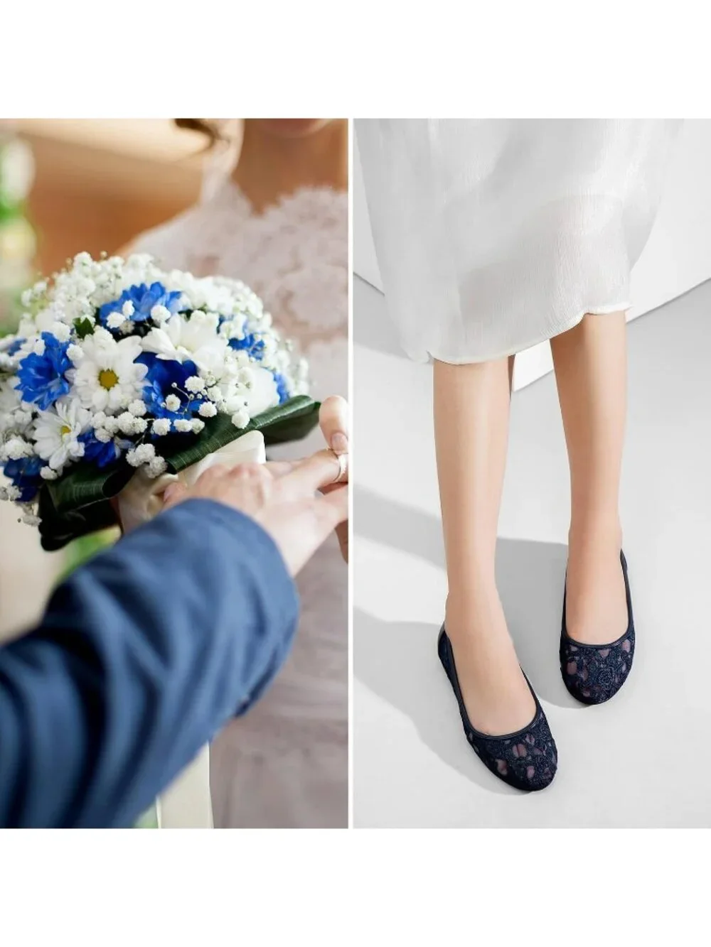 Women's Navy Blue Lace Ballerina Flats Round Toe Slip on Floral Casual Shoes